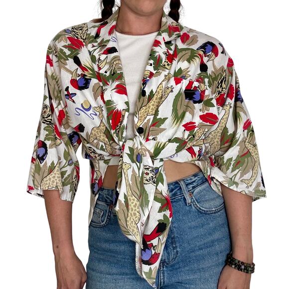 Rhapsody Safari Jungle Print Button Up Cotton Blouse Vintage 1990s Size Large - Picture 1 of 12